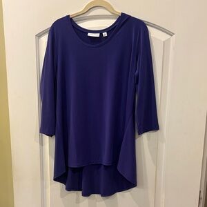 Susan Graver 3/4 sleeve travel top,  train hem, purple/royal blue, medium